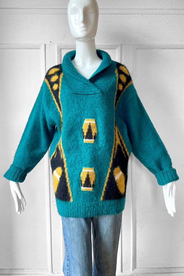 Vintage 80s Kansai Yamamoto Graphic Shawl Collar Sweater Selected