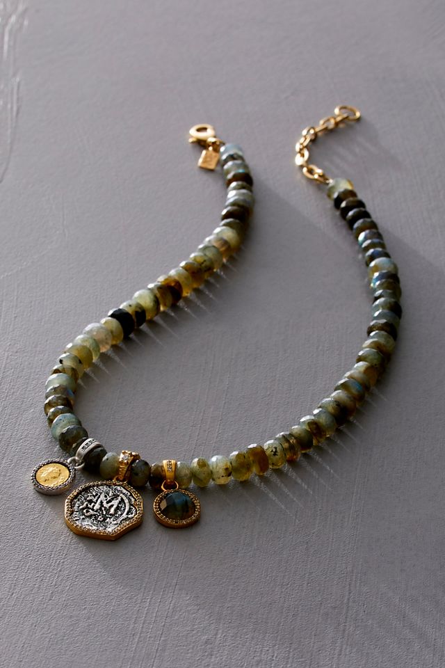 Labradorite Rondelle Necklace-Faceted Crystal Flower Pendant-Gunmetal