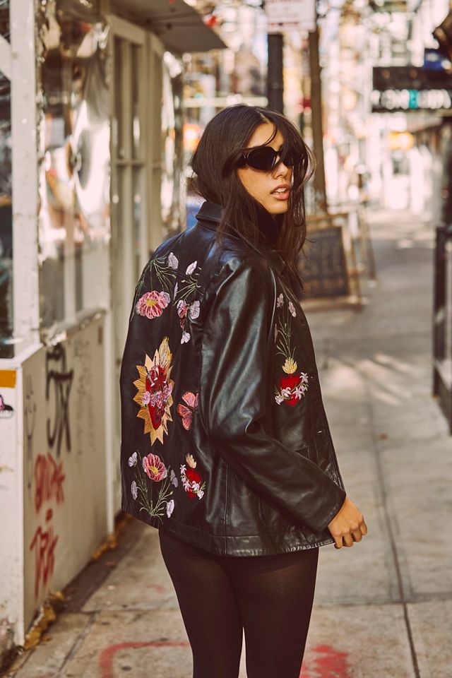 Embroidered black outlet leather jacket