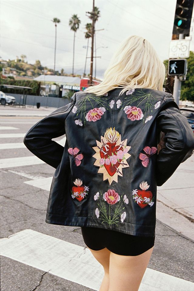 Black leather jacket outlet with embroidered flowers