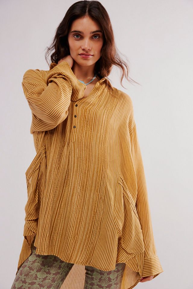 Free People Striped Longline Tunic with saving Side Slits brown, yellow size XS