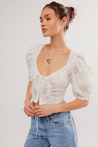 Express, Bow Puff Sleeve Corset Cropped Top in Light Yellow