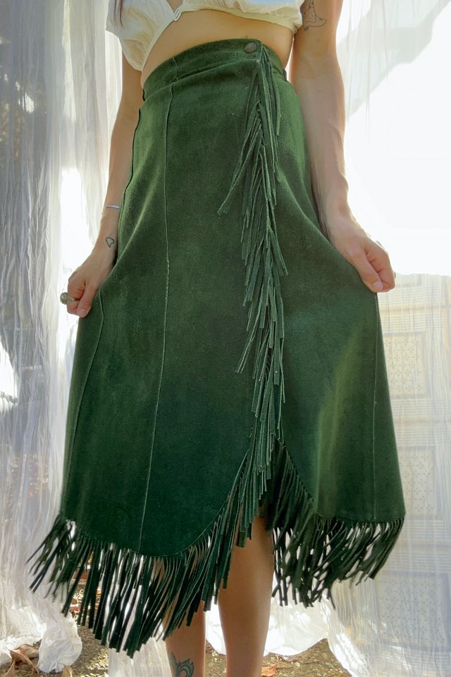 1980s Green Suede Western Fringe Skirt Selected by Grievous Angel