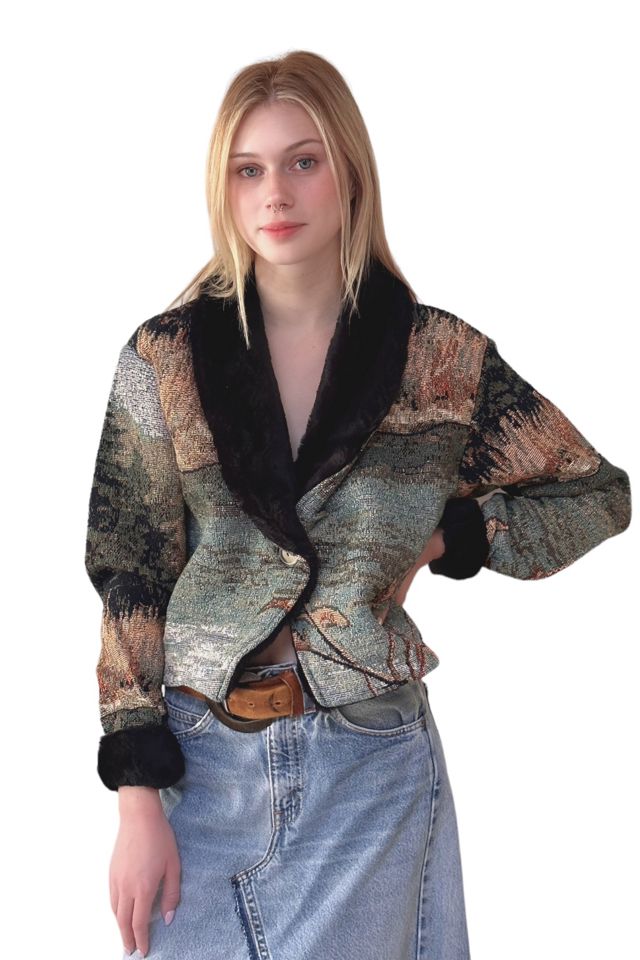 Vintage 1990's Nature Print Woven Jacket With Faux Fur Selected By Afterlife Boutique #2