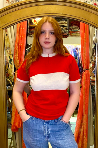 1970’s French Red Bold Striped Biking Shirt Selected by Nomad Vintage