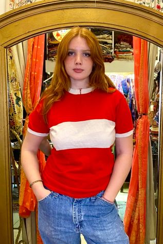 1970’s French Red Bold Striped Biking Shirt Selected by Nomad Vintage
