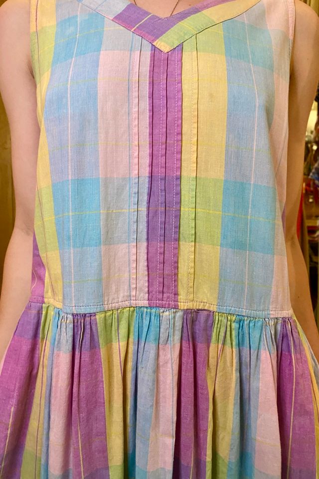 Shirt dress 1980s store rainbow pastel plaid pockets pink purple blue yellow