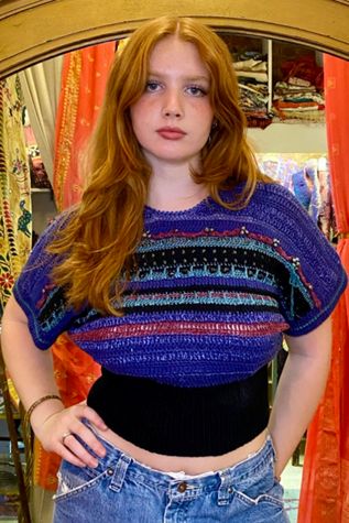 Cropped Colorful Handknit 1980’s Sweater Selected by Nomad Vintage