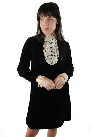 1960s Black Velvet Crochet Collar Midi Wednesday Dress Selected By Moons + Junes Vintage