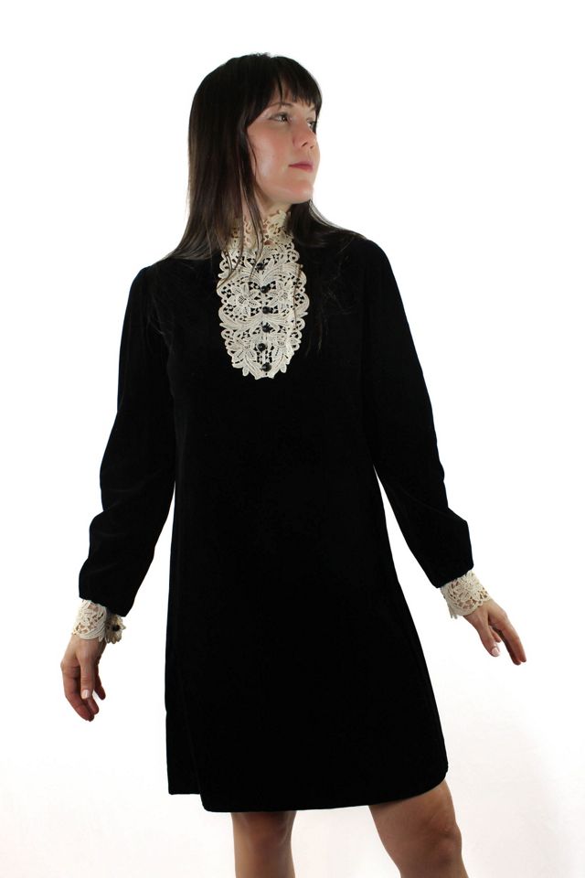 1960s Black Velvet Crochet Collar Midi Wednesday Dress Selected By Moons + Junes Vintage #1