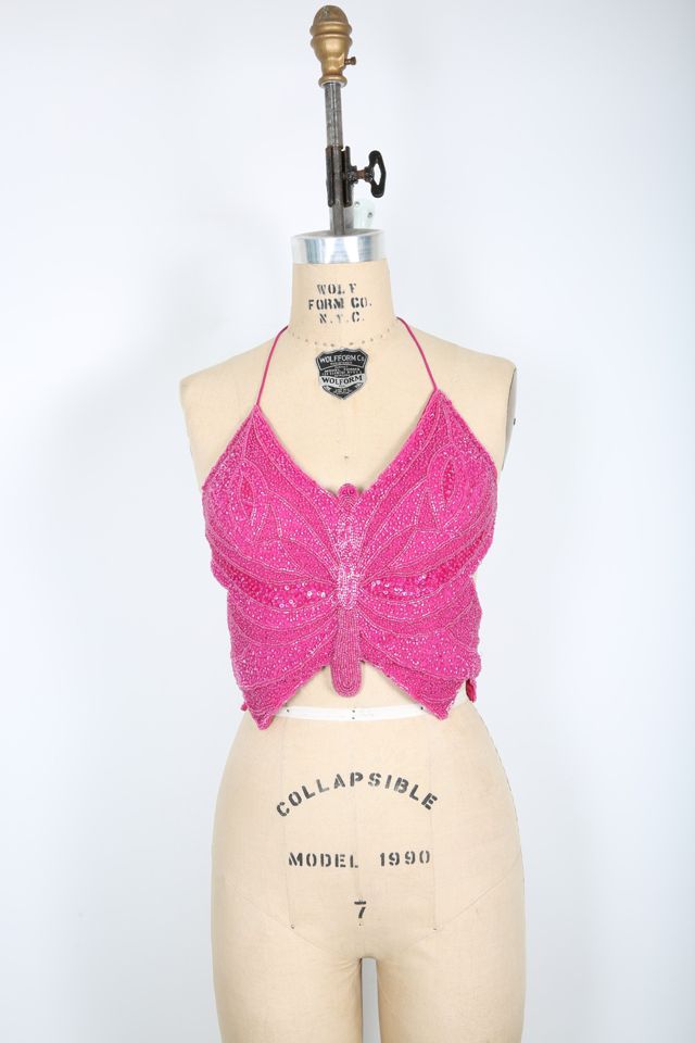 Pink Beaded Butterfly Halter Top Selected by Love Rocks Vintage