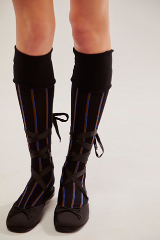 Hi Jinks Over The Knee Stripe Socks by High Heel Jungle at Free People in Black