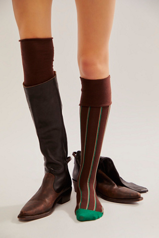 Hi Jinks Over The Knee Stripe Socks by High Heel Jungle at Free People in Espresso