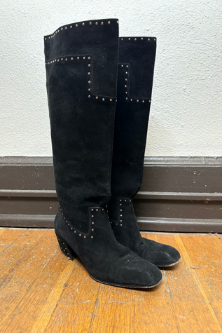 1980s Black Suede Studded Knee High Boots Selected by Cherry