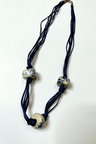 1070s Blue Cord Necklace with Painted Ceramic Beads Selected by Cherry
