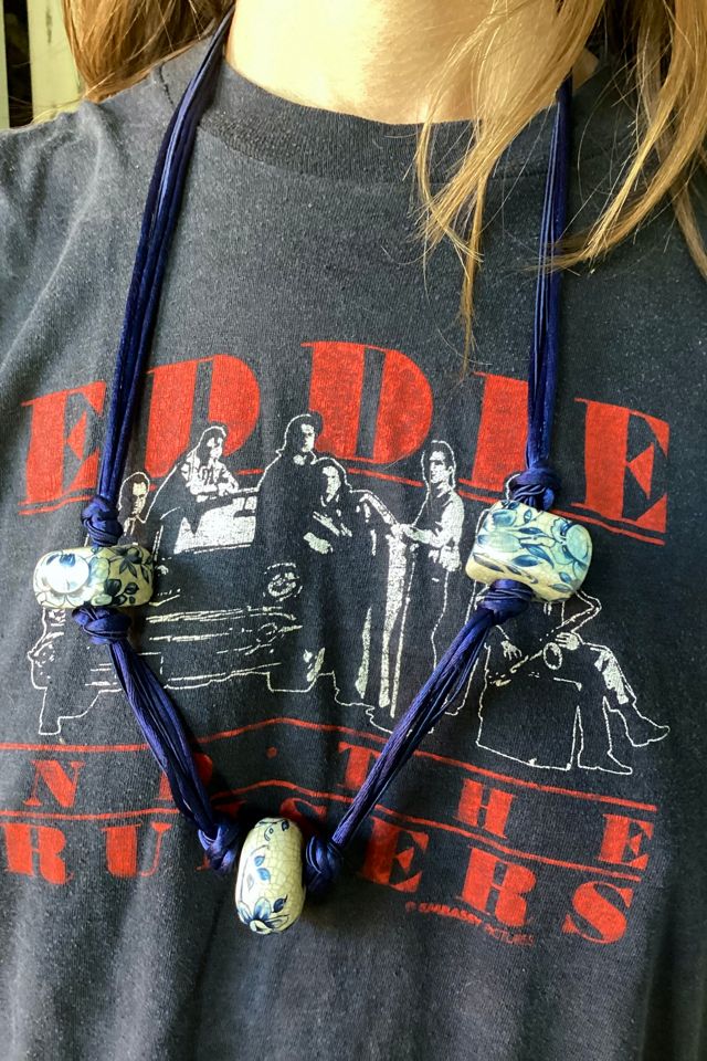 1070s Blue Cord Necklace with Painted Ceramic Beads Selected by Cherry #1