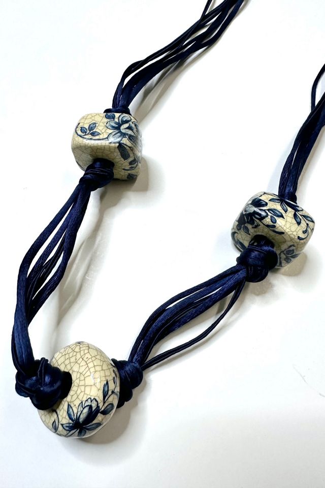 1070s Blue Cord Necklace with Painted Ceramic Beads Selected by Cherry #2