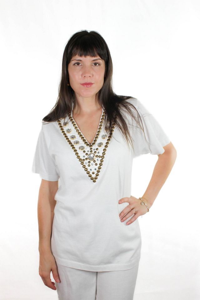 1990s Western Studded Rhinestone V-Neck Tee Selected By Moons + Junes Vintage #1