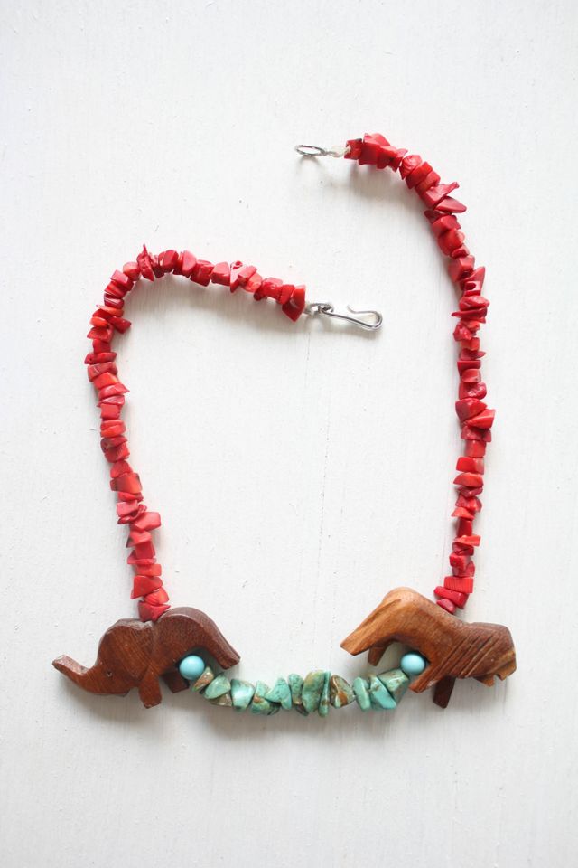 Vintage Spiny Oyster + Turquoise Hand Carved Lion + Elephant Necklace Selected By Moons + Junes Vintage #3