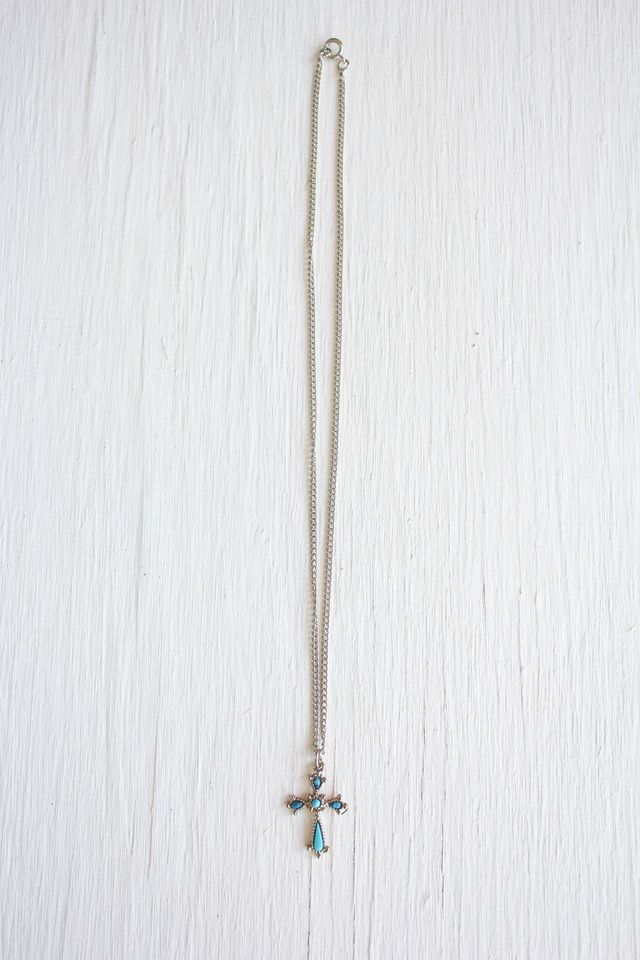 Vintage Turquoise Cross Silvler Pendant Necklace Selected By Moons + Junes Vintage #1
