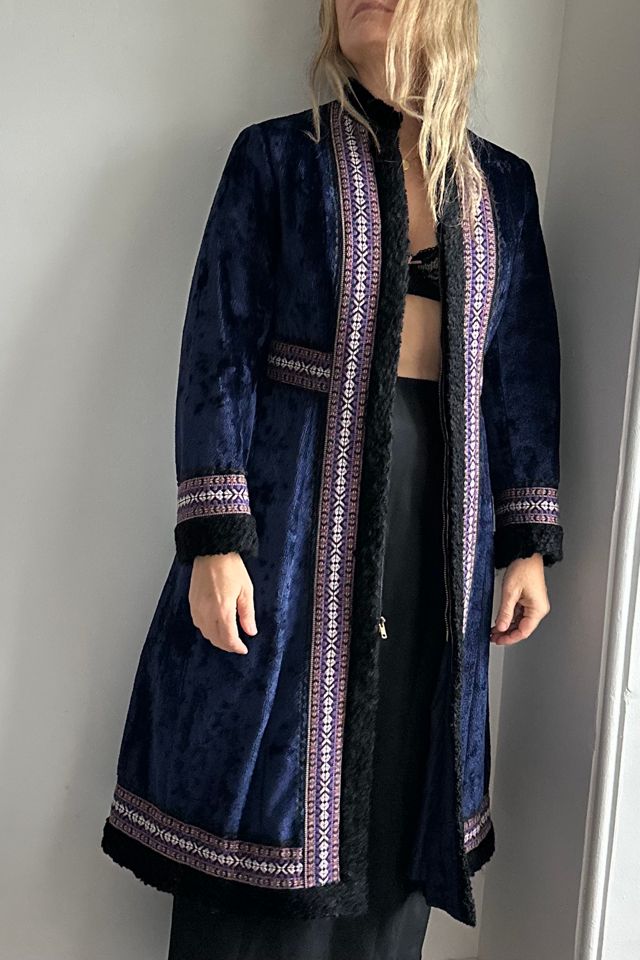 Vintage Blue Velvet Zip Front Jacket with Embroidered Trim and Pockets Selected by KA.TL.AK #1