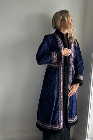 Vintage Blue Velvet Zip Front Jacket with Embroidered Trim and Pockets Selected by KA.TL.AK