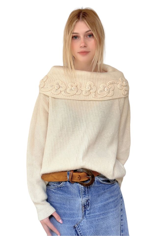 Vintage Lambswool Angora Cream Sweater with Cowl Neck