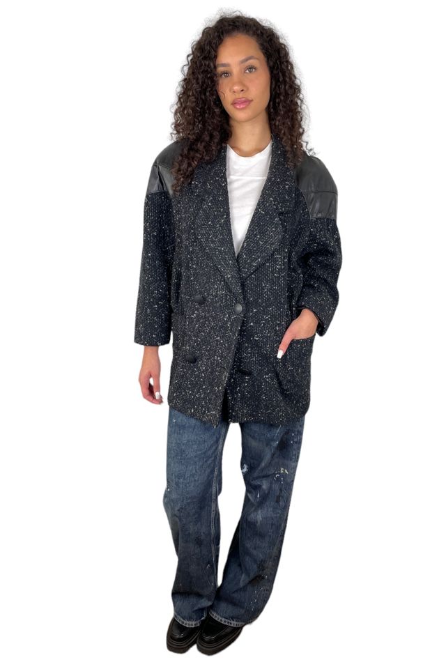 Vintage 1990’s Black Tweed And Leather Coat Selected By Ankh By Racquel Vintage #1
