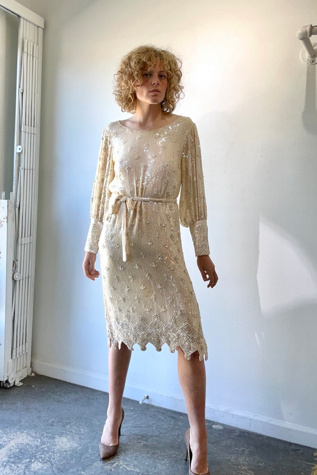 cream cocktail dress Vintage Sistermax Cream Sequin Cocktail Dress with Matching Belt Selected  by The Curatorial Dept