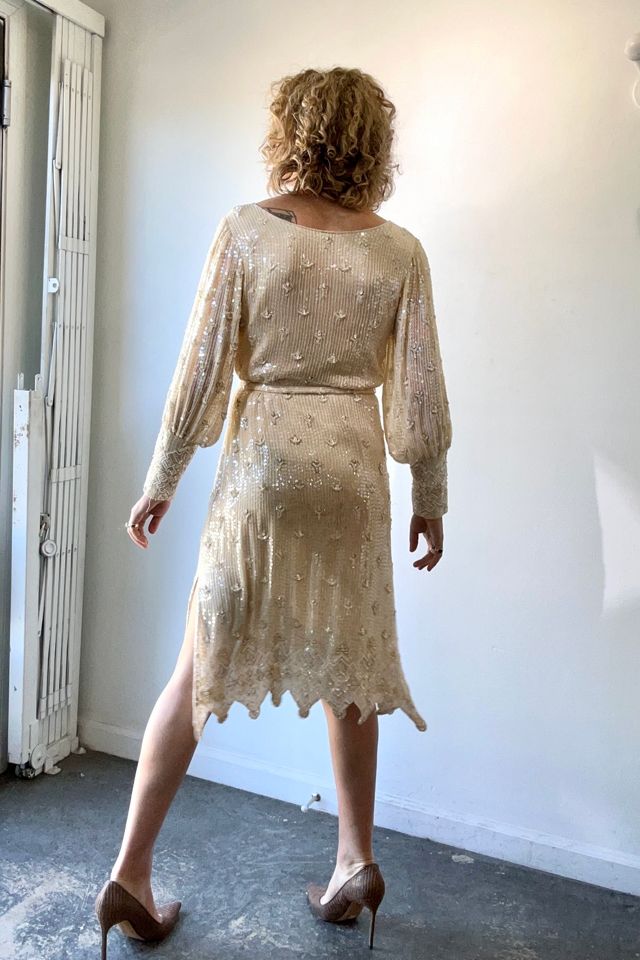 Vintage Sistermax Cream Sequin Cocktail Dress with Matching Belt Selected by The Curatorial Dept. #3