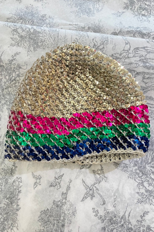 Rare 1970s Halston Glossy Black Sequin Skull Cap Cloche
