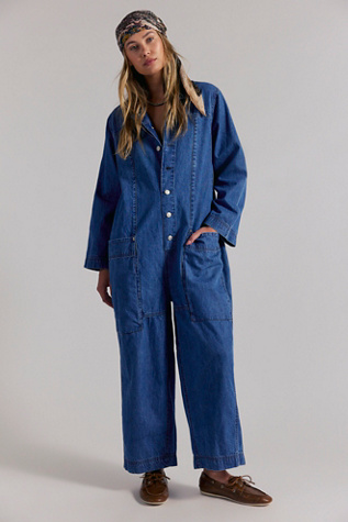We The Free Margarita Straight Leg Open Collar Jumpsuit at Free People in Medium Wash, Size: L - Straight Leg