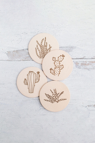 Giving Bracelets Leather Coaster Succulent Print Set at Free People in Tan, Size: S