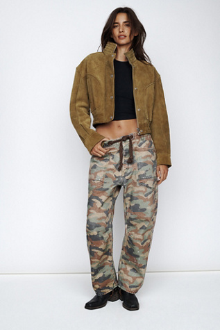 We The Free Moxie Printed Low-Slung Barrel Jeans at Free People in Green, Size: 29