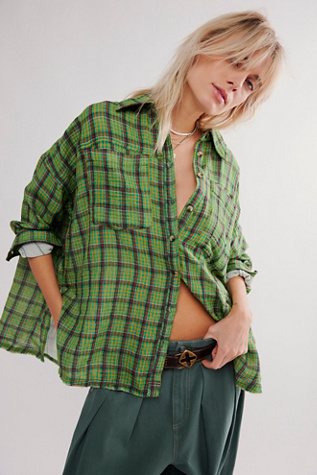 We The Free Cardiff Plaid Top at Free People in Green Combo, Size: XS