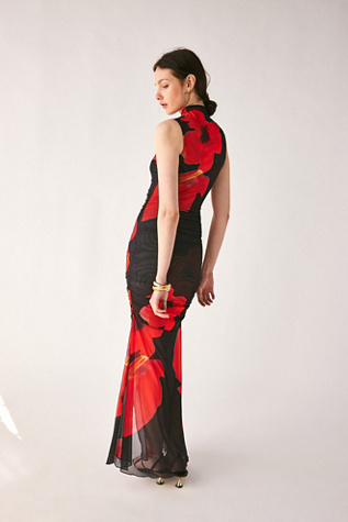 Saemdi Red Floral Mesh Maxi Dress