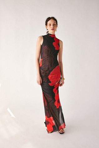 Saemdi Red Floral Mesh Maxi Dress