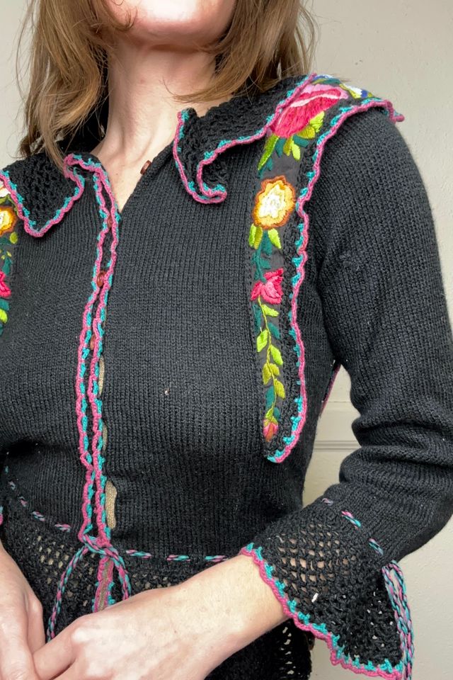 1950s Black Crochet Floral Peplum Cardigan Selected by Cherry #1