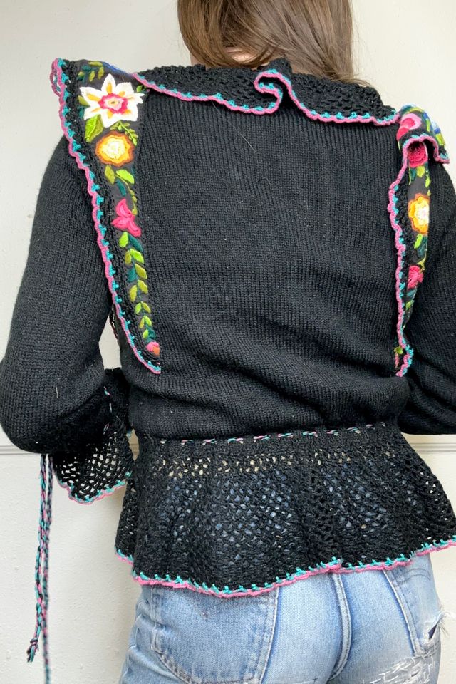 1950s Black Crochet Floral Peplum Cardigan Selected by Cherry #2