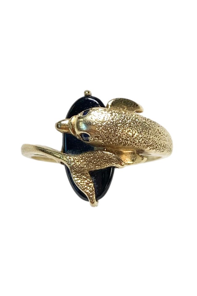 10k gold black onyx with sapphires store dolphin ring size 6.5