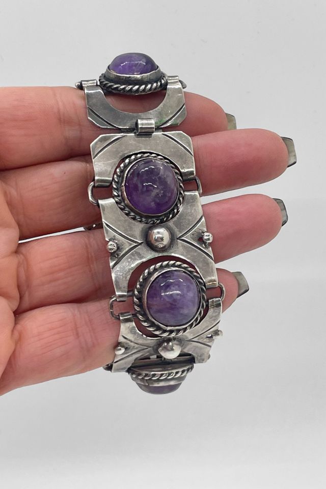 Mid-Century Sterling Silver Amethyst Cabochon Articulating Panel Bracelet Selected by MARMALADE #1