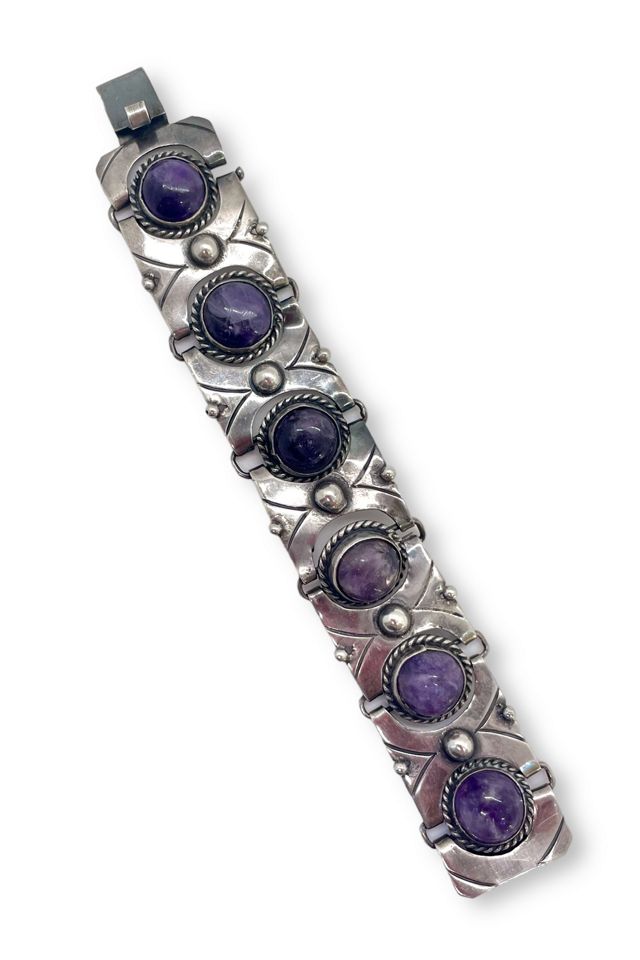 Mid-Century Sterling Silver Amethyst Cabochon Articulating Panel Bracelet Selected by MARMALADE #2