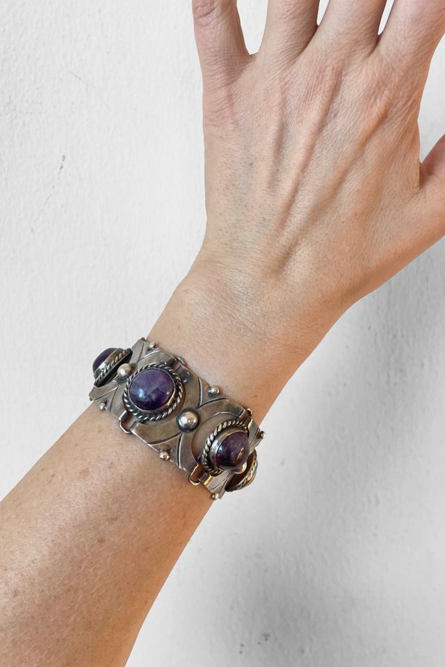 Mid-Century Sterling Silver Amethyst Cabochon Articulating Panel Bracelet Selected by MARMALADE #3