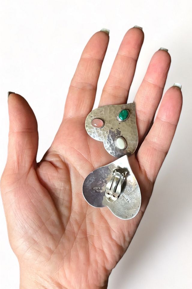 Large Vintage Sterling Silver Heart Cabochon Gemstone Clip Earrings Selected by MARMALADE #1