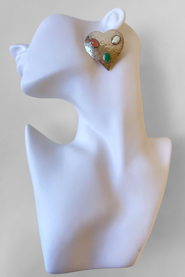 Large Vintage Sterling Silver Heart Cabochon Gemstone Clip Earrings Selected by MARMALADE #2