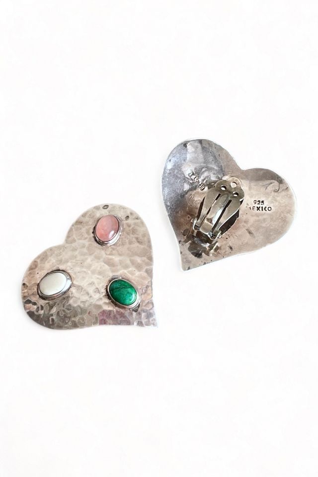 Large Vintage Sterling Silver Heart Cabochon Gemstone Clip Earrings Selected by MARMALADE #3