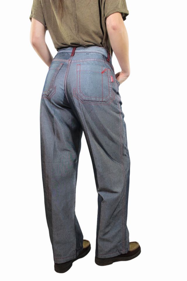 1990s Shiny Red Stitched Wide Leg Rexy Jeans Selected By