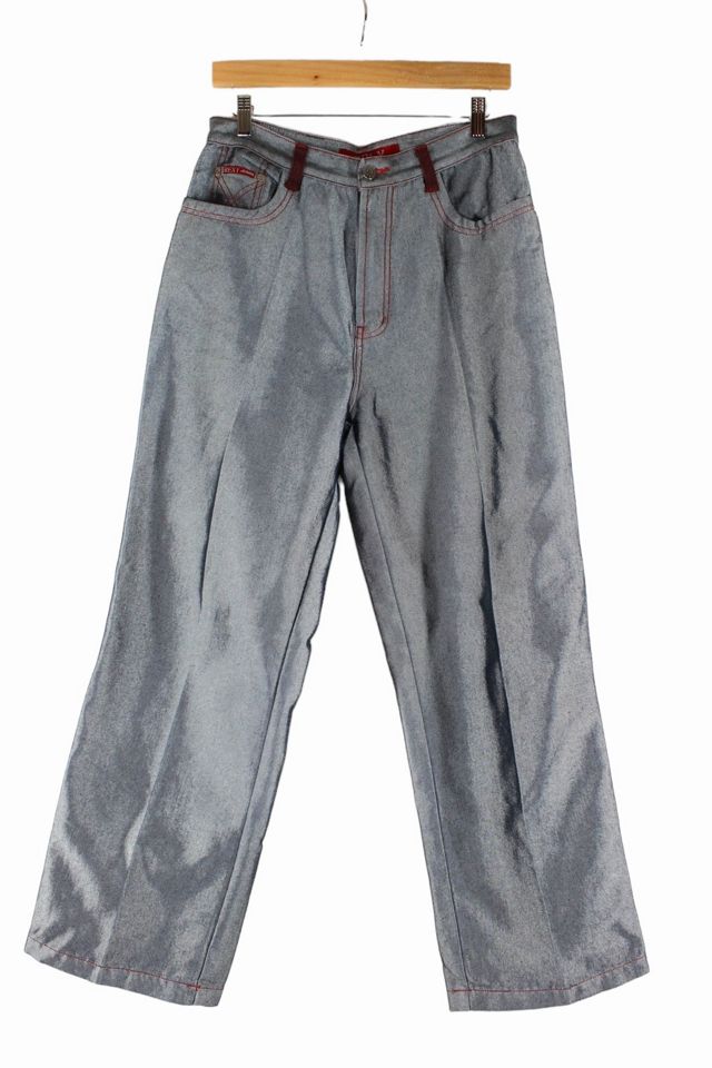 1990s Shiny Red Stitched Wide Leg Rexy Jeans Selected By