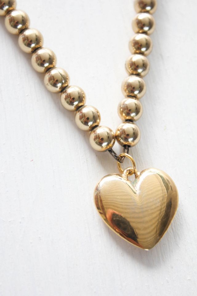 Vintage Gold Beaded Heart Charm Necklace Selected By Moons + Junes Vintage #1