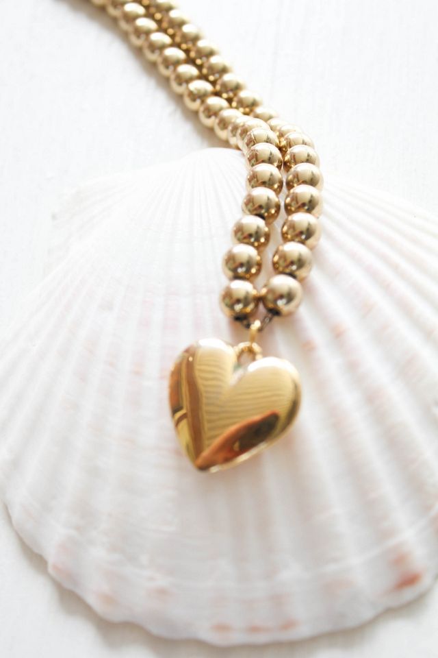 Vintage Gold Beaded Heart Charm Necklace Selected By Moons + Junes Vintage #3